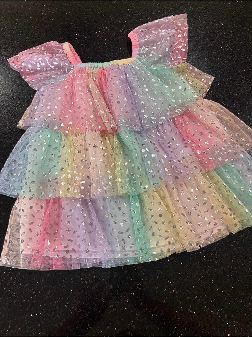 Rainbow Pastel Tutu Dress with Silver Star & Confetti Print